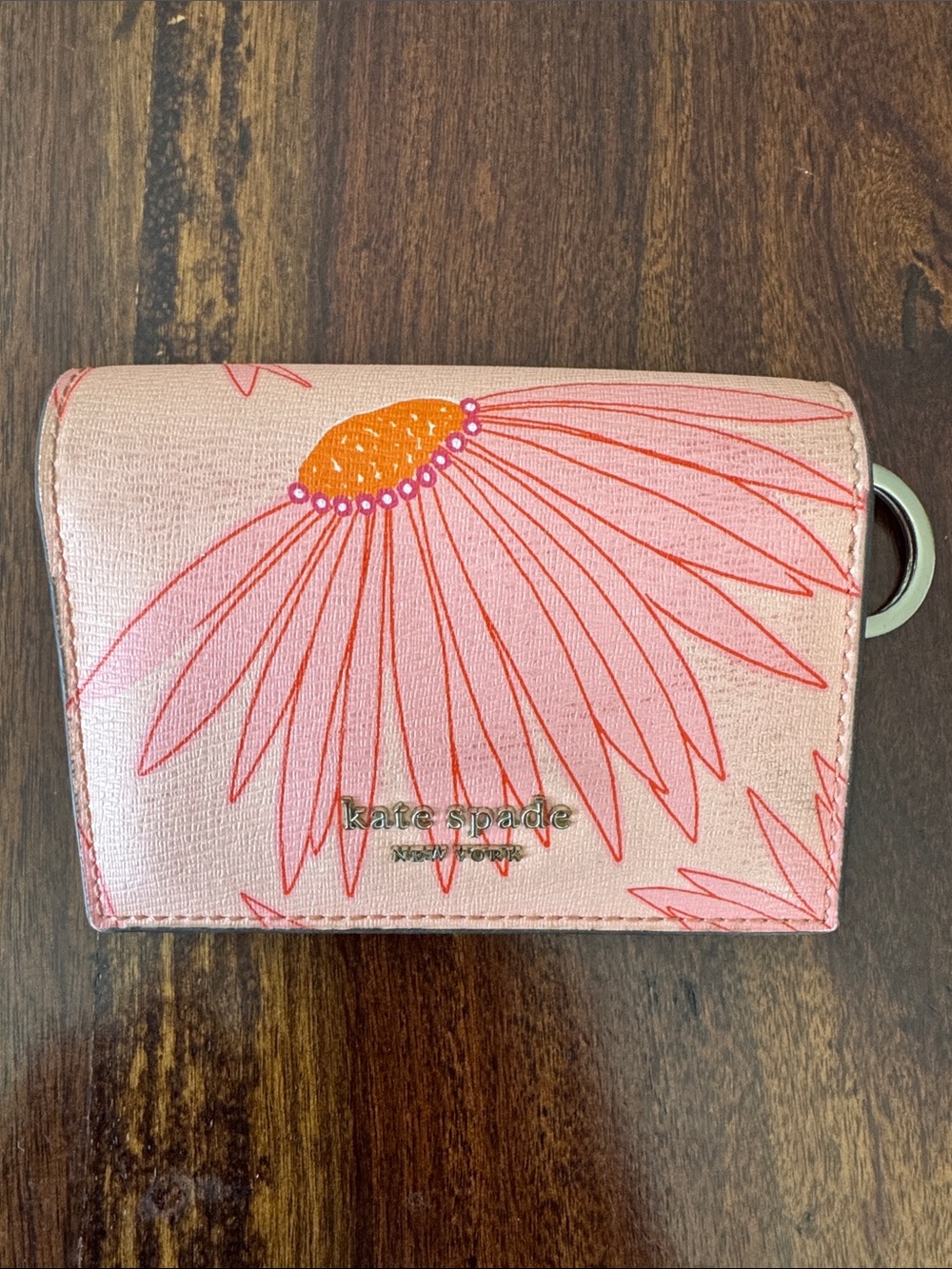 kate spade Pink Floral Compact Card Case with Orange Detail